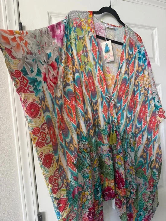 Johnny Was Pearce Short Kimono/Swim Coverup with front tasseled ties S/M - Picture 3 of 8